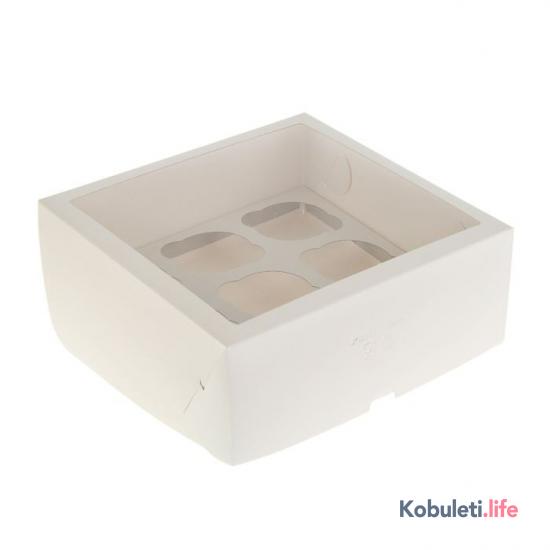 Коробка для 4 капкейков белая с окном